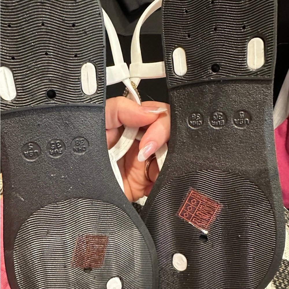 White T-Strap Sandals with Crystal Embellishments - Picture 4 of 4
